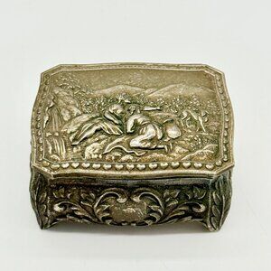 Vintage Victorian Velvet-Lined Metal Trinket/Jewelry Box With Ornate Embossed De